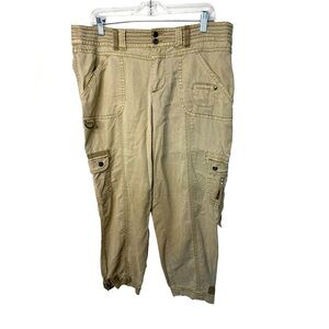 Marrakech Women’s Cargo Capri Pants Sz 31 Khaki Utility Pockets Adjustable Hem